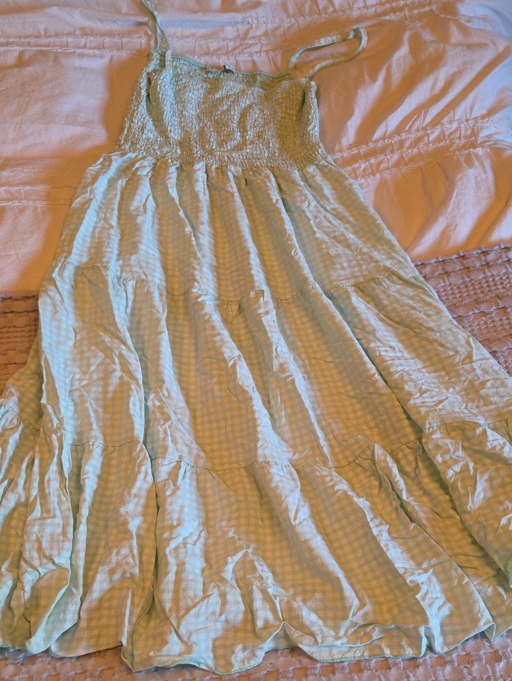Smocked Gingham Midi Dress in Light Green